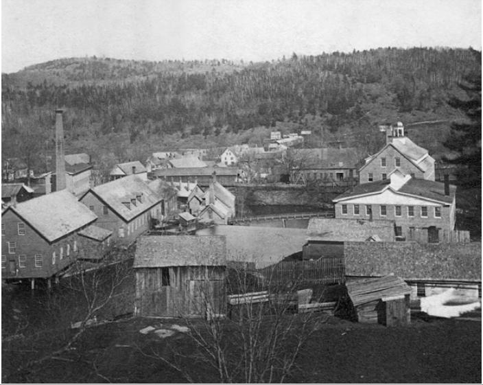The Lamson, Goodnow, and Yale machine tool manufacturing complex, circa 1860s. The armory building is far right, surrounded by the many additional shops in the complex.