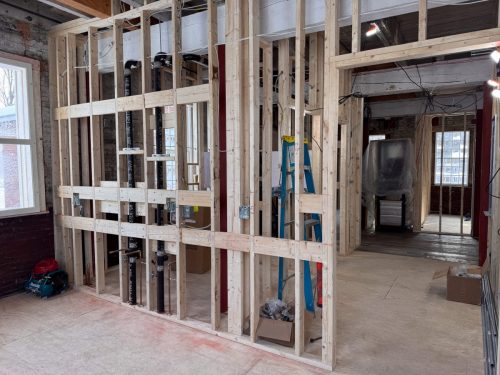 Framing bathrooms and break area (Jan 2026)
